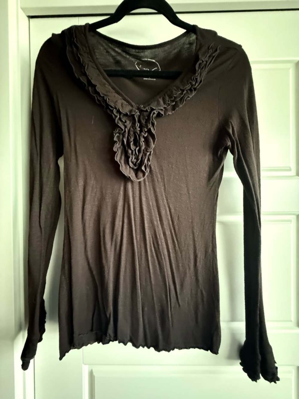 INC International Concepts Brown Ruffle-Trim V-Neck Long Sleeve Top